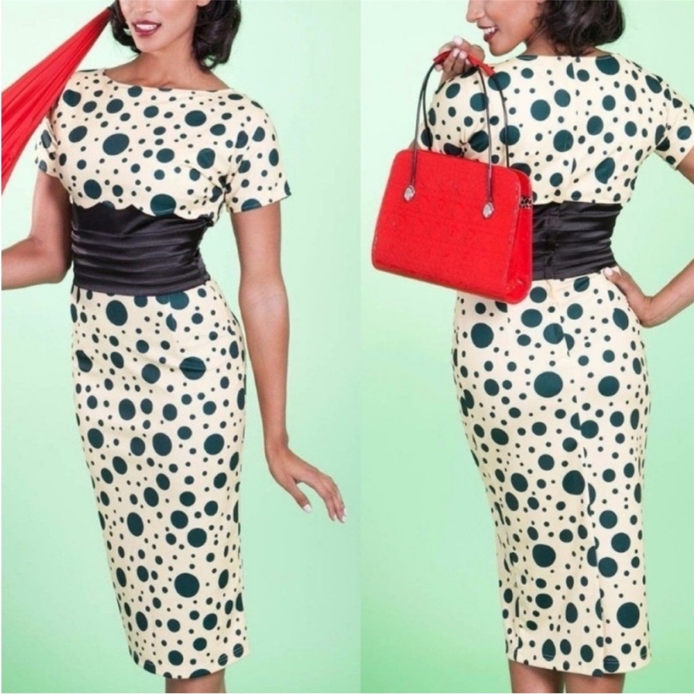 Tatyana Bettie Page vintage spotty pinup wiggle Polka Dot Dress with Black Sash